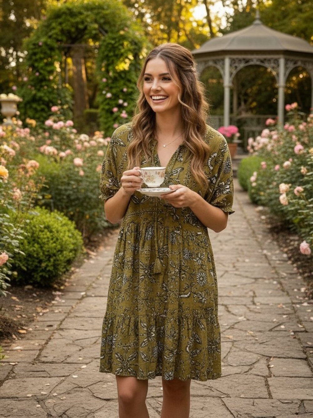 Sonoma Olive Green Floral Midi Dress